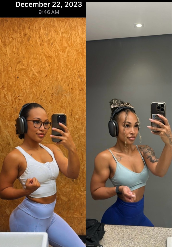 Before and after photo of a woman showing muscle definition progress over time through strength training and lifestyle changes, part of a PCOS wellness journey.